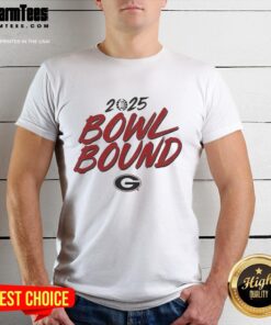 Alt Text: Premium Georgia Bulldogs Bowl Bound 2025 T-Shirt featuring team colors and logo, perfect for fans and game day wear.