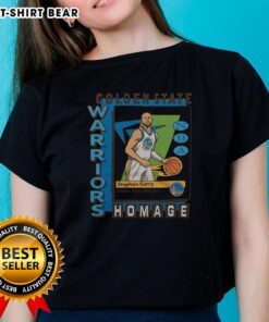 Alt Text: Premium Golden State Warriors trading card featuring Stephen Curry on a stylish ladies tee, perfect for fans.