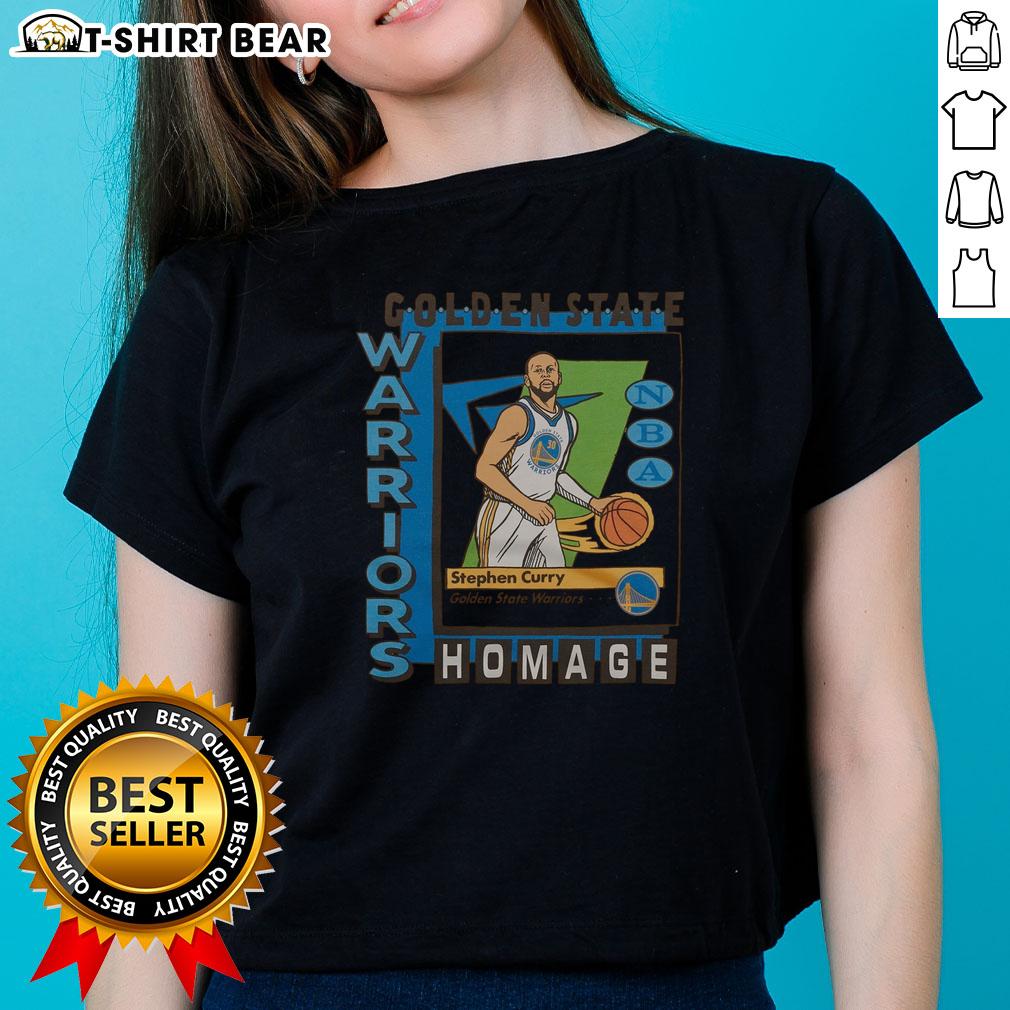 Premium Golden State Warriors Trading Card Stephen Curry Ladies Tee Alt Text: Premium Golden State Warriors trading card featuring Stephen Curry on a stylish ladies tee, perfect for fans.