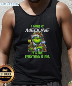 Premium Grinch Christmas Tree tank top with 'I Work At It's Fine Everything Is Fine' design for festive holiday style.