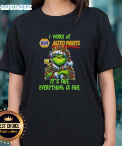 Alt Text: Premium Grinch Christmas Tree tee featuring Napa Auto Parts logo with I Work At It's Fine Everything Is Fine slogan.