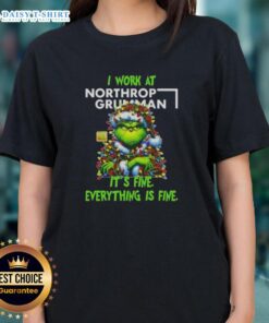 Alt Text: Premium Grinch Christmas Tree tee featuring I Work At It's Fine, Everything Is Fine design for women.