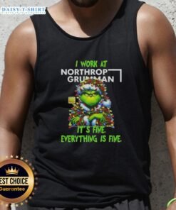 Alt Text: Premium Grinch Christmas Tree tank top featuring 'I Work At It's Fine Everything Is Fine' design for festive wear.