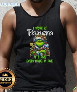 Alt Text: Premium Grinch Christmas Tree tank top from Panera Bread, featuring I work at, it's fine, everything is fine design.