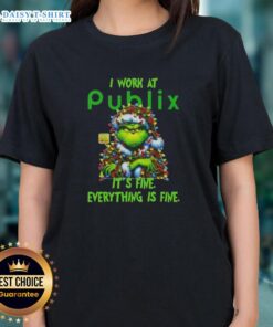 Premium Grinch Christmas Tree tee from Publix, featuring a humorous 'It's fine, everything is fine' design for ladies.