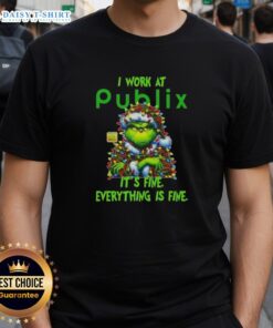 Premium Grinch Christmas Tree T-Shirt featuring 'I Work At It's Fine Everything Is Fine' slogan, perfect for festive cheer.
