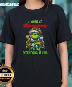 Premium Grinch Christmas Tree ladies tee featuring 'I work at it's fine, everything is fine' design for holiday cheer.