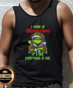 Alt Text: Premium Grinch Christmas Tree tank top featuring 'I Work At It's Fine Everything Is Fine' design for festive style.