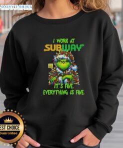 Alt Text: Premium Grinch Christmas Tree sweatshirt featuring the phrase I work at it's fine, everything is fine in festive design.