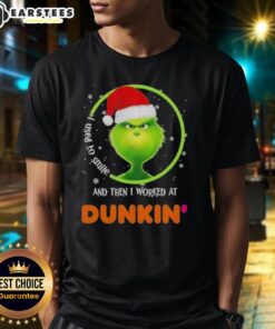 Alt Text: Premium Grinch I Used To Smile And Then I Worked At Dunkin' Donuts T-Shirt featuring a humorous design.
