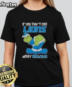 Premium Grinch 'If You Don't Like Detroit Lions Merry Kissmyass' ladies tee featuring a festive design and vibrant colors.