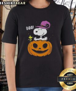 Premium Halloween Boo Snoopy Ladies Tee featuring a playful Snoopy design perfect for Halloween festivities.