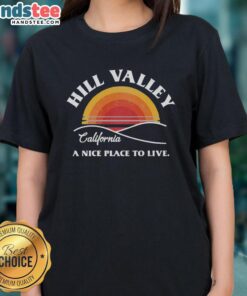 Premium Hill Valley Sunset Ladies Tee featuring a vibrant sunset graphic on a stylish women's t-shirt.