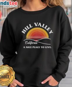 Premium Hill Valley Sunset Sweatshirt featuring a vibrant sunset design and comfortable fabric, perfect for cozy evenings.