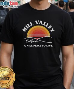 Premium Hill Valley Sunset T-Shirt featuring a vibrant sunset design, perfect for casual wear and fans of Hill Valley.