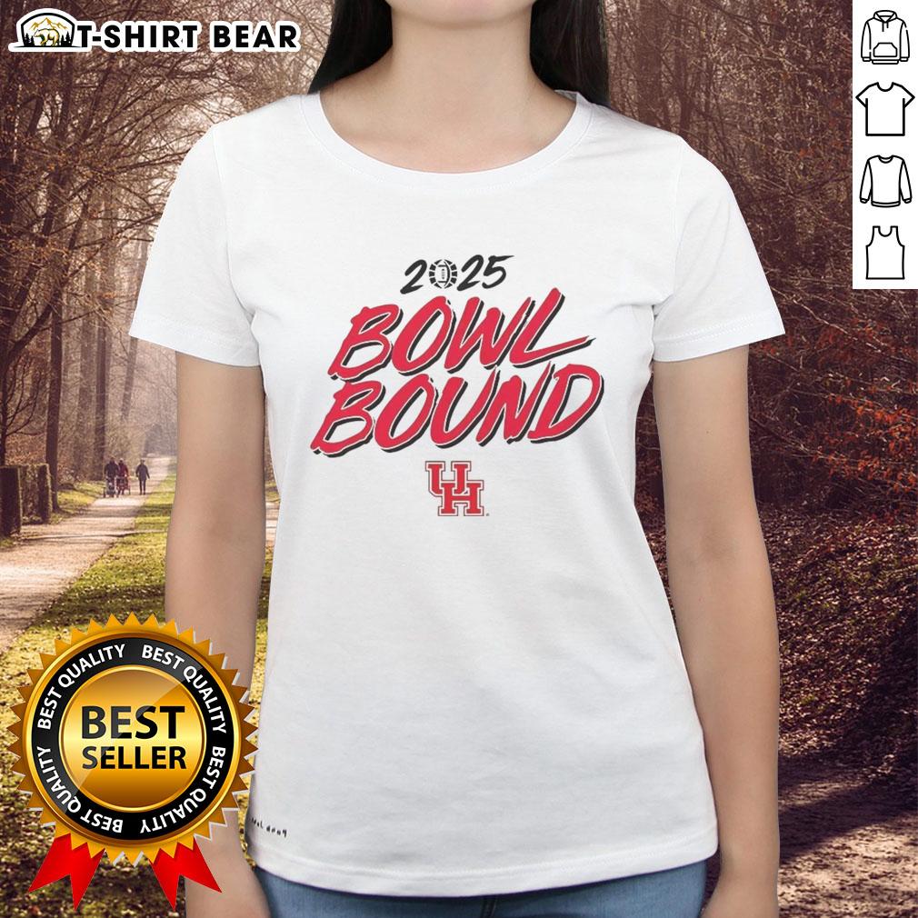 Premium Houston Cougars Willie Fritz Bowl Bound 2025 Ladies Tee Alt Text: Premium Houston Cougars Willie Fritz Bowl Bound 2025 Ladies Tee featuring team colors and stylish design.