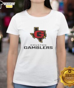 Alt Text: Premium Houston Gamblers lockup logo on a stylish ladies tee, perfect for fans and fashion enthusiasts.