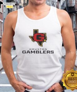Premium Houston Gamblers lockup logo tank top showcasing stylish design for fans of the Houston Gamblers.