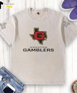 Premium Houston Gamblers lockup logo on a washed t-shirt, showcasing stylish team apparel for fans.
