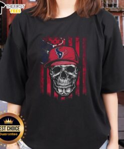 Premium Houston Texans NFL skull tee with American flag for football lovers, perfect for ladies showing team spirit.