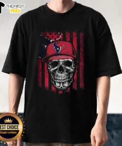 Alt Text: Premium Houston Texans NFL Skull American Flag T-Shirt for football lovers, showcasing team pride and unique design.
