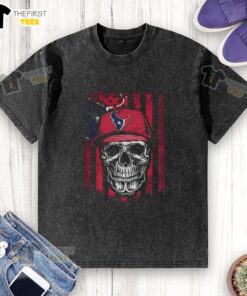 Premium Houston Texans NFL Skull American Flag T-Shirt for football lovers, featuring a stylish washed design.