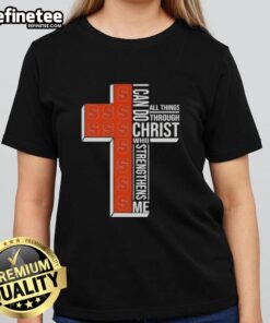 Alt Text: Premium Syracuse Orange Football Ladies Tee with 'I Can Do All Things Through Christ Who Strengthens Me' design.