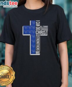 Alt Text: Premium I Can Do All Things Through Christ West Virginia Mountaineers Football Cross Ladies Tee design.