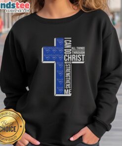 Premium West Virginia Mountaineers football cross sweatshirt with 'I Can Do All Things Through Christ' design.