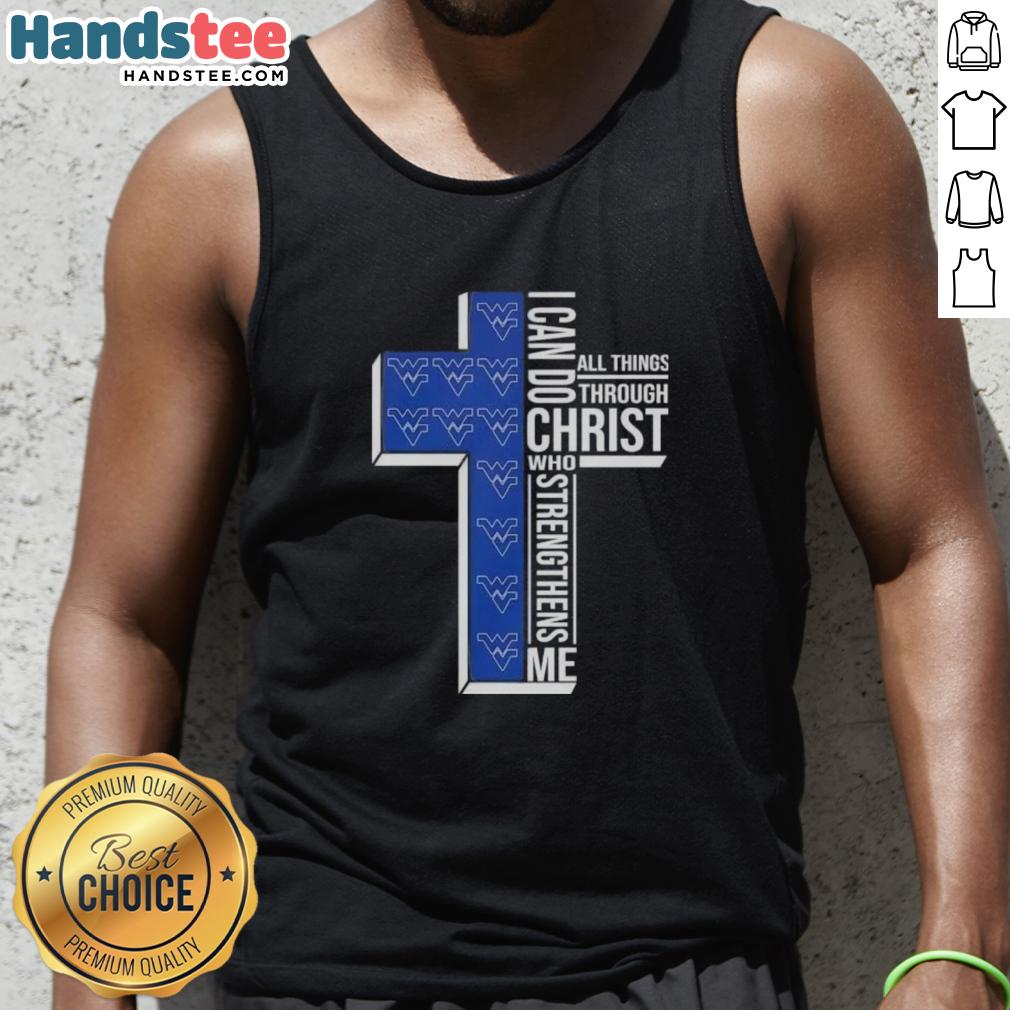 premium-i-can-do-all-things-through-christ-who-strengthens-me-west-virginia-mountaineers-football-cross-tank-top Premium I Can Do All Things Through Christ tank top for West Virginia Mountaineers football fans, featuring a cross design.