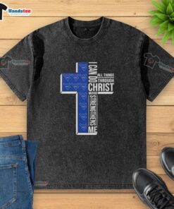 Premium West Virginia Mountaineers football t-shirt featuring 'I Can Do All Things Through Christ Who Strengthens Me' design.