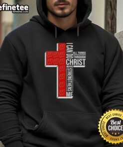 Alt Text: Premium I Can Do All Things Through Christ Who Strengthens Me Wisconsin Badgers football cross hoodie design.