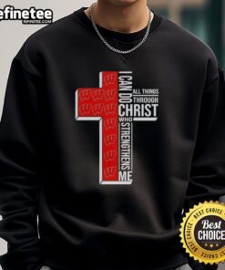 Alt Text: Premium I Can Do All Things Through Christ Wisconsin Badgers Football Cross Sweatshirt in vibrant team colors.