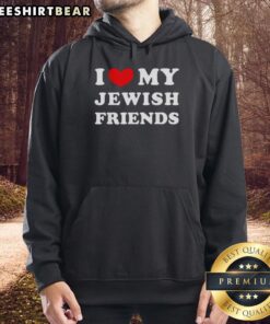 Premium 'I Love My Jewish Friends' hoodie in navy blue, showcasing a stylish design celebrating friendship and culture.