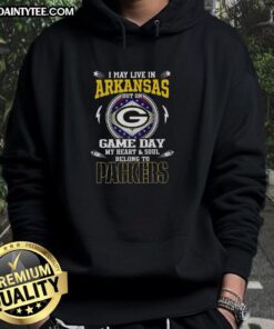 Premium hoodie featuring 'I May Live In Arkansas But On Game Day My Heart And Soul Belongs To Green Bay Packers' design.