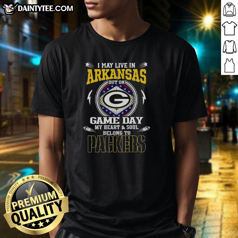 premium-i-may-live-in-arkansas-but-on-game-day-my-heart-and-soul-belongs-to-green-bay-packers-t-shirt Alt Text: Premium I May Live In Arkansas But On Game Day My Heart And Soul Belongs To Green Bay Packers T-Shirt design.