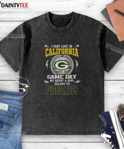 Premium washed t-shirt featuring 'I may live in California, but on game day, my heart belongs to Green Bay Packers' design.