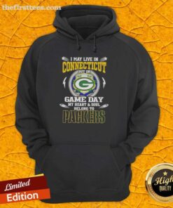 Green Bay Packers hoodie with 'I May Live In Connecticut But My Heart Belongs To Green Bay Packers' design.