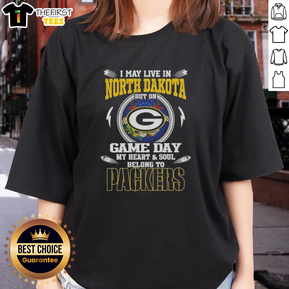 premium-i-may-live-in-north-dakota-but-on-game-day-my-heart-and-soul-belongs-to-green-bay-packers-ladies-tee Premium ladies tee featuring 'I may live in North Dakota, but my heart belongs to Green Bay Packers' design.