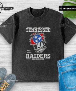 Premium washed t-shirt featuring 'I May Live In Tennessee But I'm A Raiders Fan Forever' design for passionate Raiders fans.