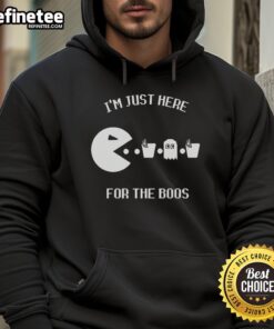 Alt Text: Premium Im Just Here For The Boos Hoodie in black, perfect for cozy autumn nights and Halloween celebrations.