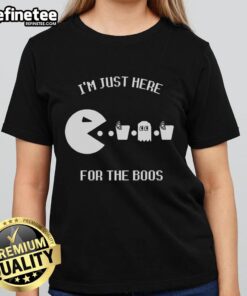 Premium 'I'm Just Here For The Boos' Ladies Tee featuring a stylish design, perfect for Halloween and casual wear.