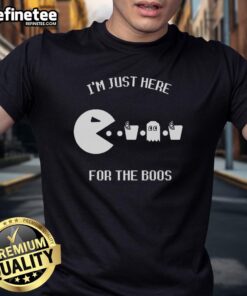 Alt Text: Premium Im Just Here For The Boos T-Shirt in black, perfect for Halloween parties and festive celebrations.