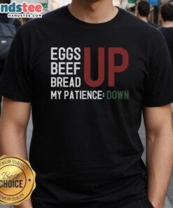 Premium Inflation Frustration T-Shirt featuring humorous egg, beef, and bread graphics, expressing patience struggles.