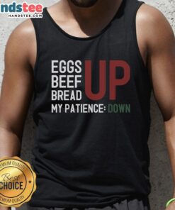 Trendy tank top featuring 'Premium Inflation Frustration' design with eggs, beef, and bread graphics, perfect for casual wear.