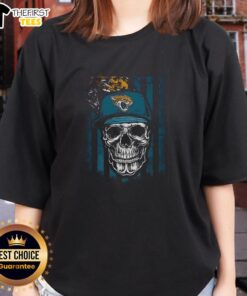 Alt Text: Premium Jacksonville Jaguars NFL skull tee featuring American flag design for football lovers, perfect for ladies.