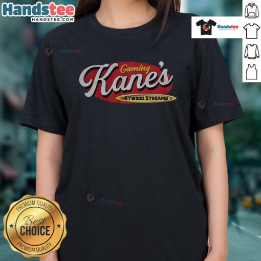 Alt Text: Premium Kanes Gaming Atwood Steams logo on a stylish ladies tee, perfect for gamers and fans of comfortable apparel.