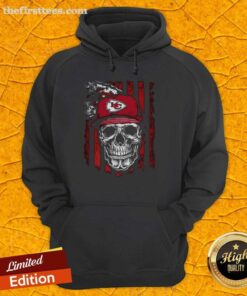 Alt Text: Premium Kansas City Chiefs NFL hoodie featuring a skull design and American flag, perfect for football lovers.