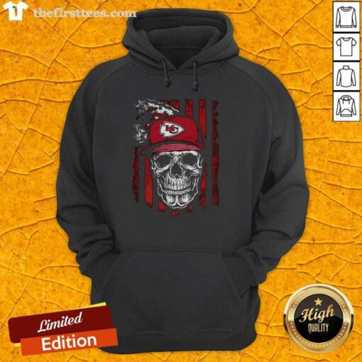 Alt Text: Premium Kansas City Chiefs NFL hoodie featuring a skull design and American flag, perfect for football lovers.