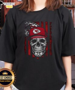 Premium Kansas City Chiefs NFL Skull American Flag Tee for football lovers, perfect for ladies showing team spirit.
